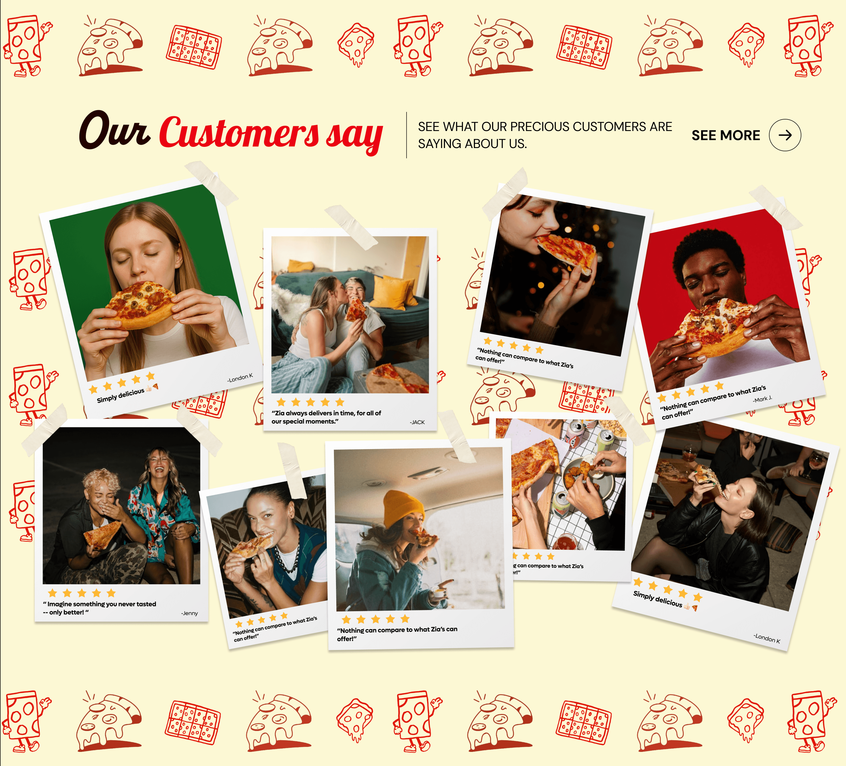 testimonial seciton of a website with polaroid like photos 