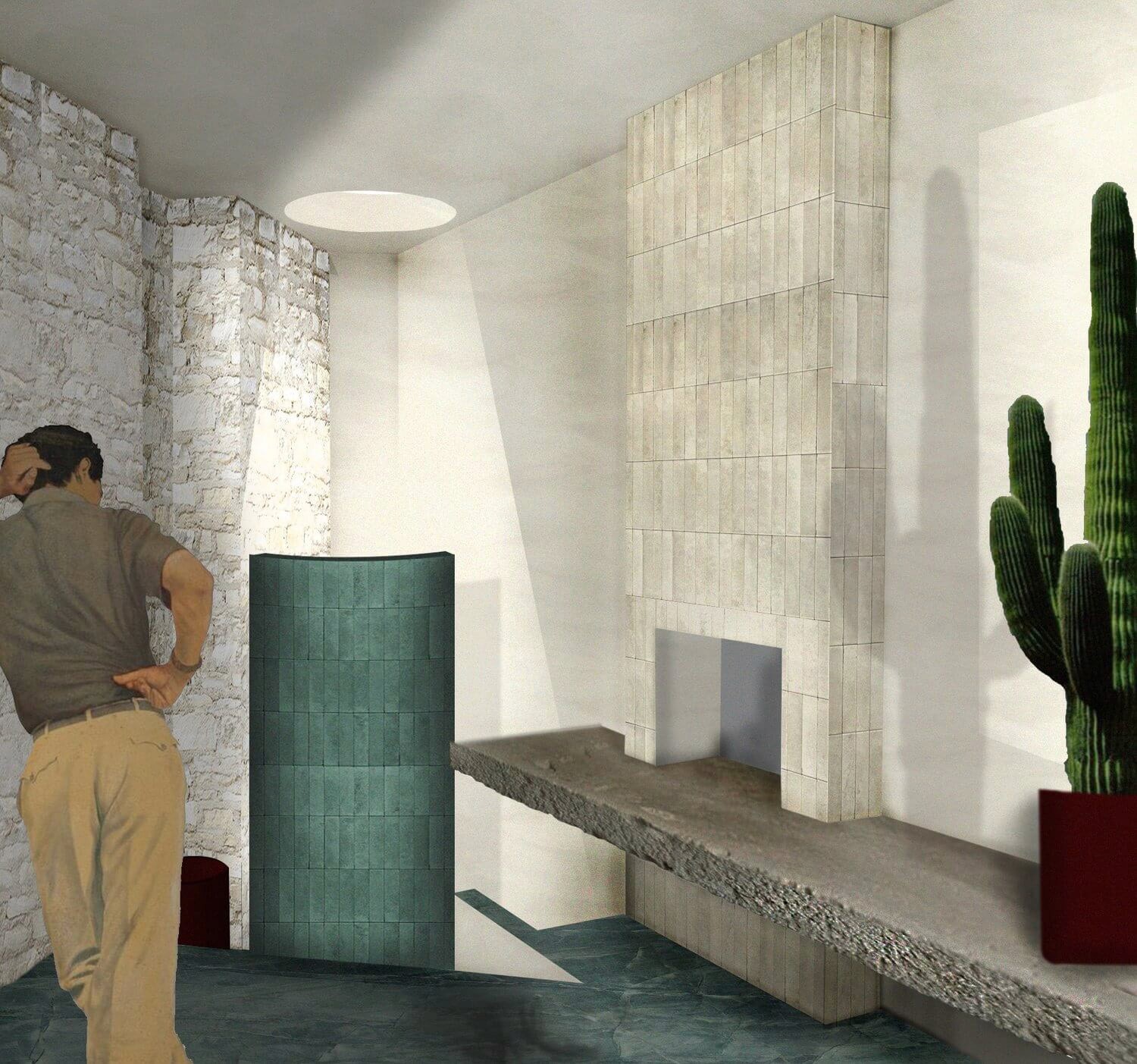 Interior of a modern living room featuring natural stone walls, a minimalist green-tiled divider, and a contemporary fireplace. A cactus and a reflective figure add a touch of depth and warmth