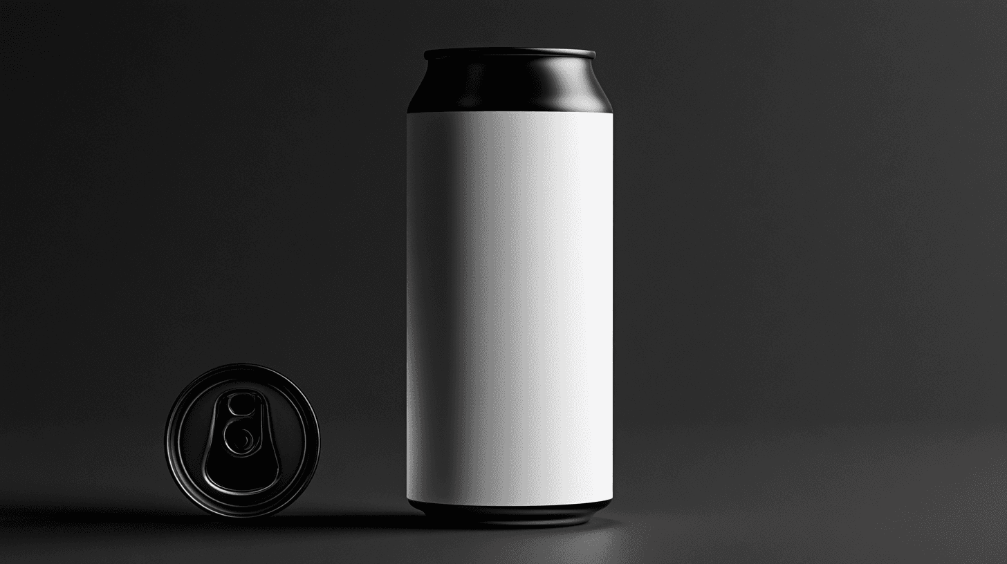 A minimalist black and white image featuring a tall can beside a small round object.