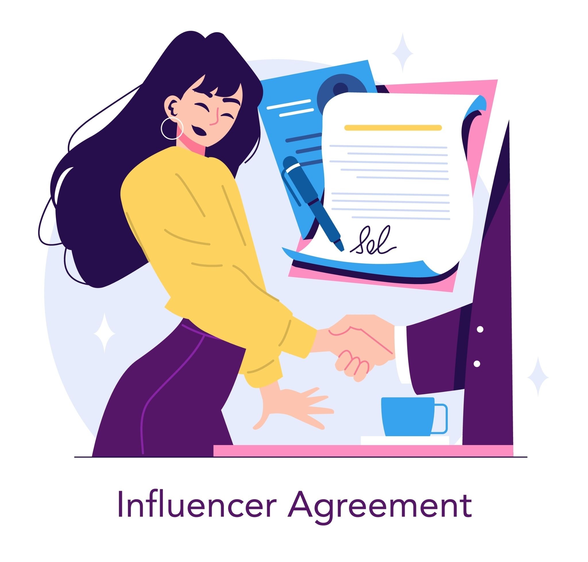 Illustration of a creator shaking hands with a brand rep to finalize an influencer agreement