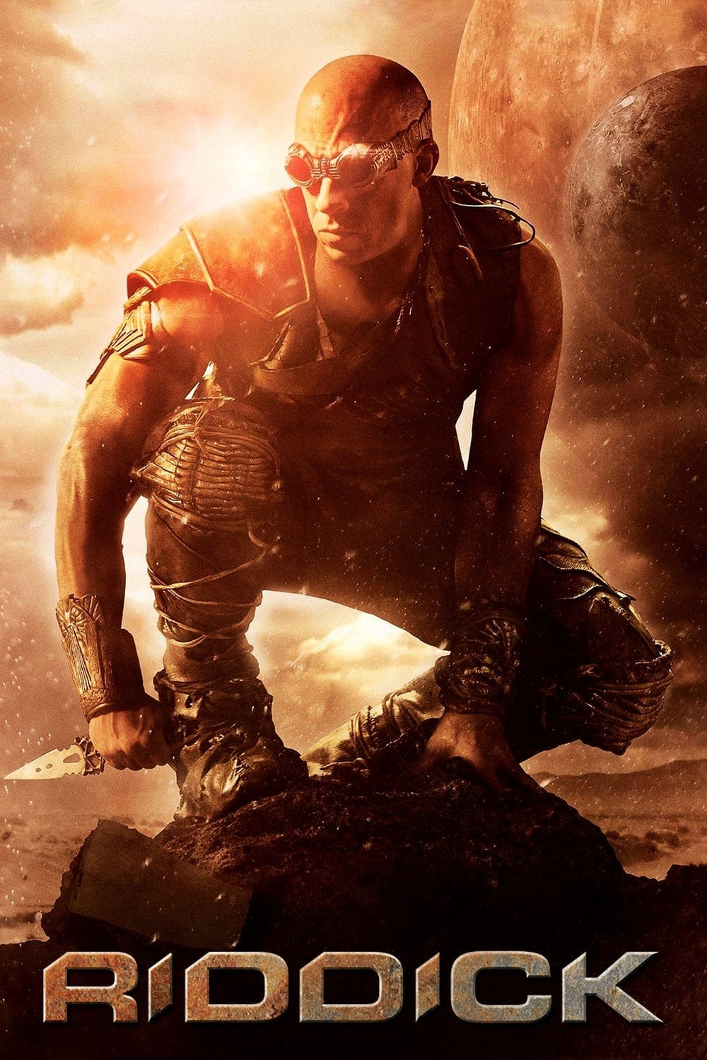 Riddick movie promotion poster, showing Riddick crouched on a rock on a desolate planet, with the setting sun in the background.