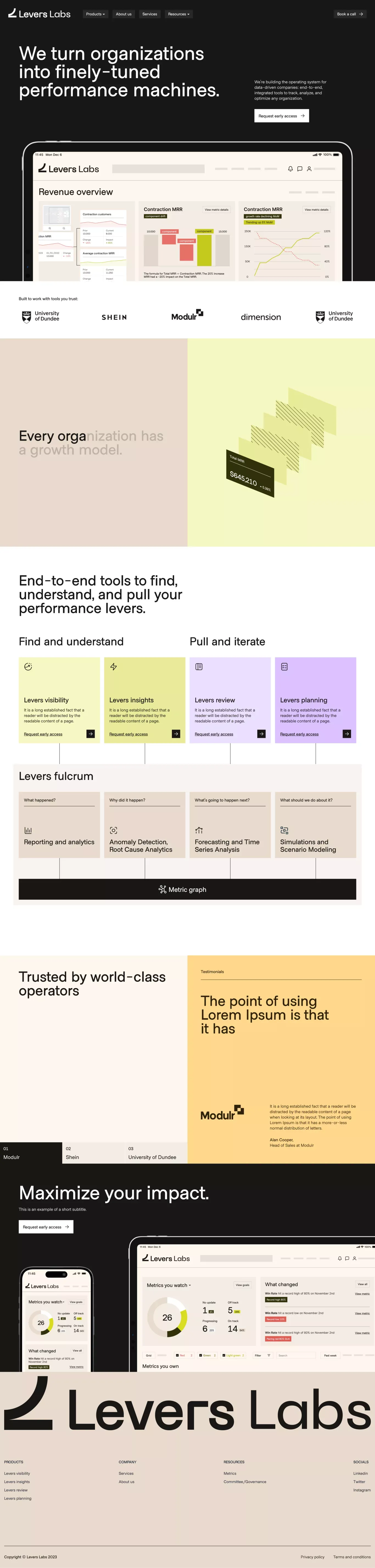 Levers portfolio page screenshot showcasing Marketing and Tech design