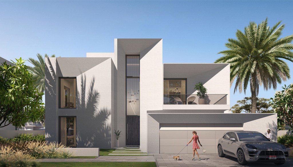 Exterior view of a contemporary house with a parked car, designed by Palmiera Collective.