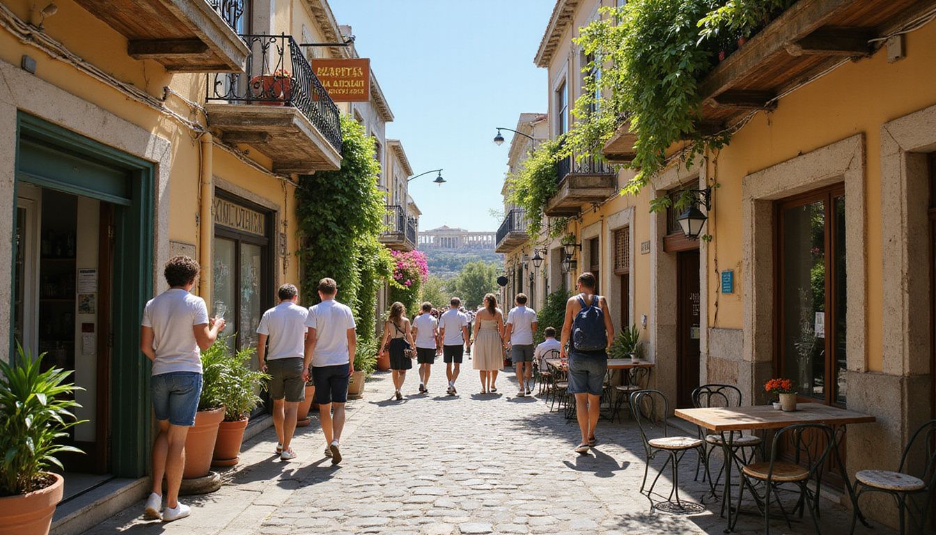 A lively street scene in Athens with quaint shops and cafes.