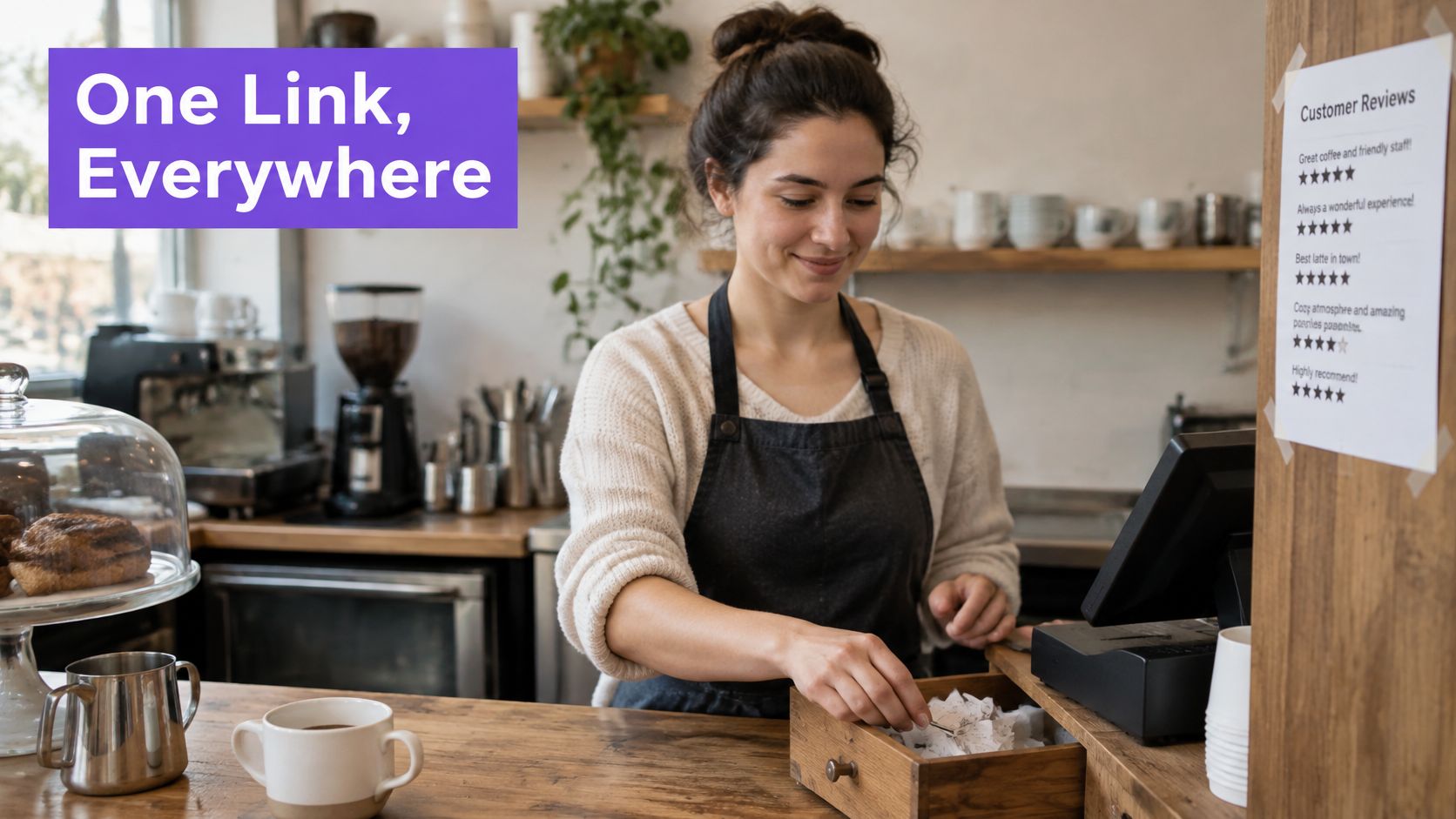 A friendly barista opening a wooden cash drawer in a modern cafe with customer reviews visible nearby.