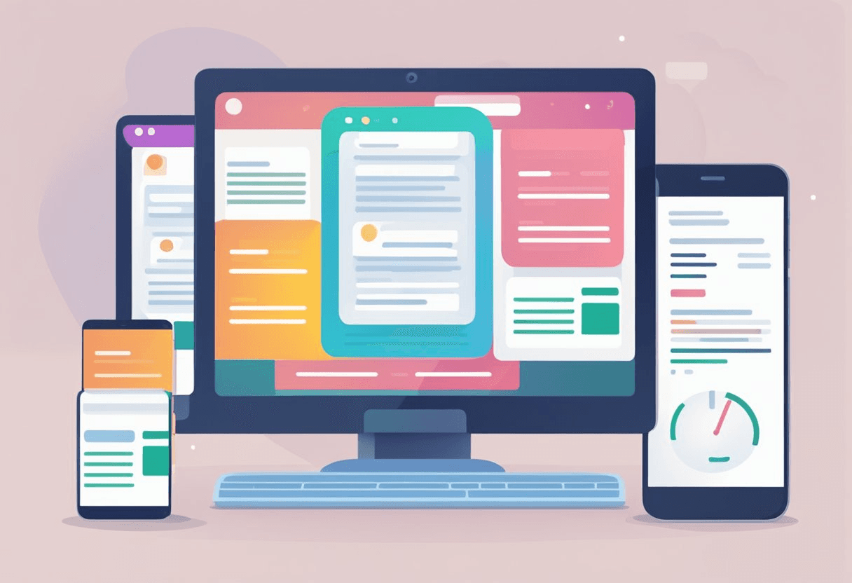 A computer screen displaying a FAQ webpage with a modern, sleek design. A smartphone and tablet are also shown, indicating accessibility across devices