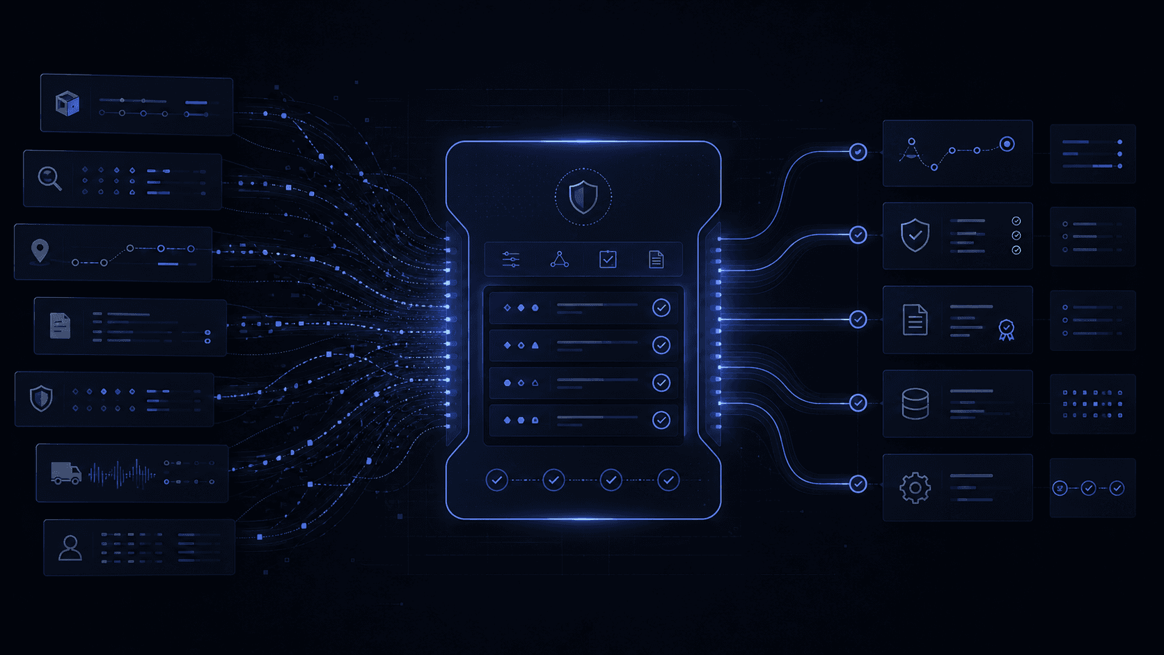 Fragmented logistics data streams entering a governed control layer that turns shipment status, trade intelligence, policy rules, carrier signals, documents, and audit events into traceable execution decisions.
