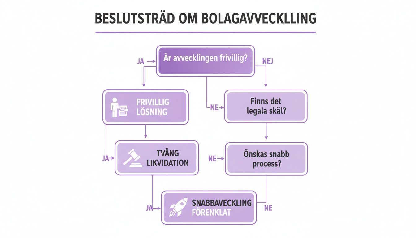 Flödesschema som visar beslutsprocessen för bolagsavveckling, beroende på frivillighet, legala skäl och önskad hastighet.