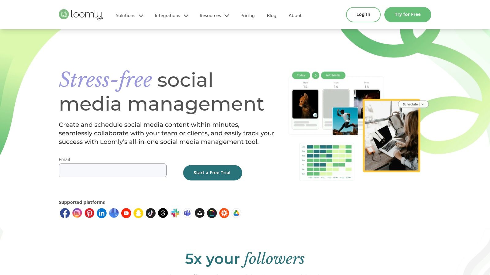Loomly social media management dashboard showing a content calendar view