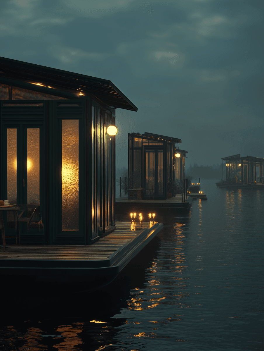 Floating cabins with lights on the water at dusk