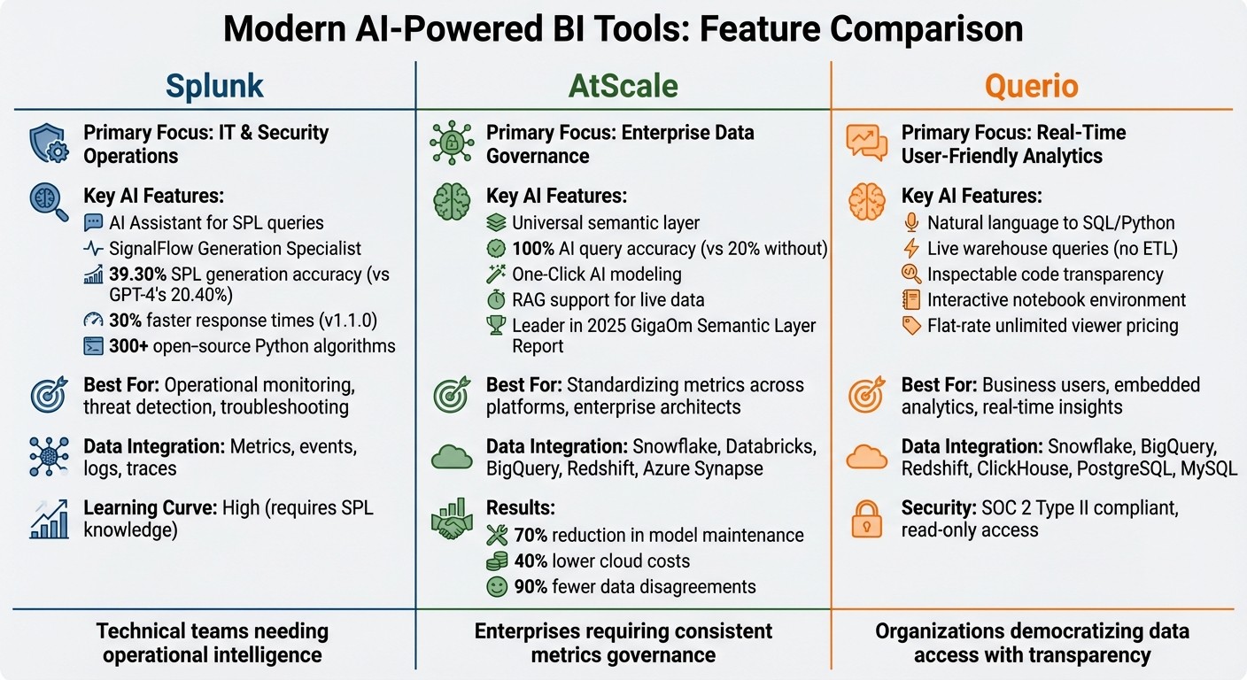 Splunk vs AtScale vs Querio: AI-Powered BI Tools Comparison