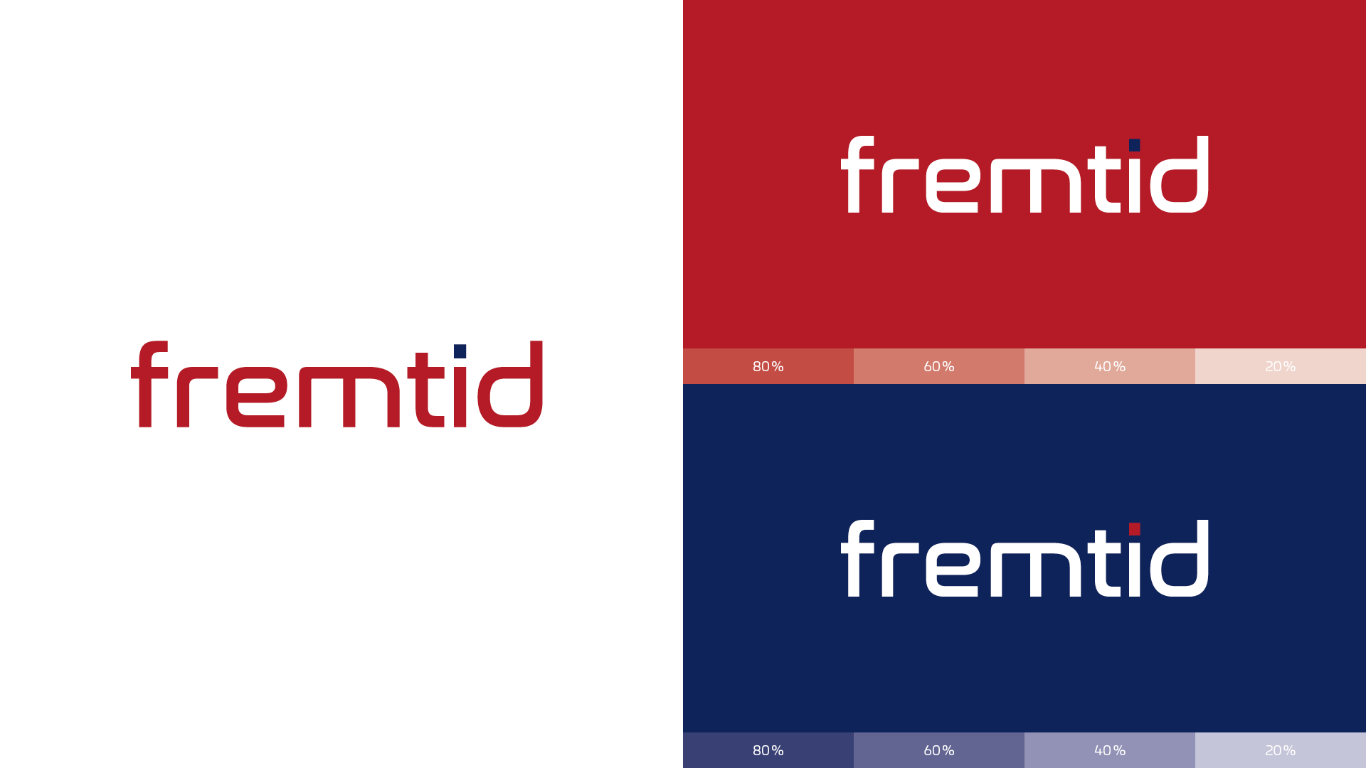 Das schlichte Logo der fremtid GmbH in Rot und Blau wird auf verschiedenen Hintergründen dargestellt: Weiß, Rot und Blau.