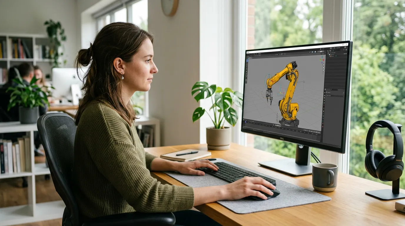 Animator working on industrial robotic arm model in a modern studio