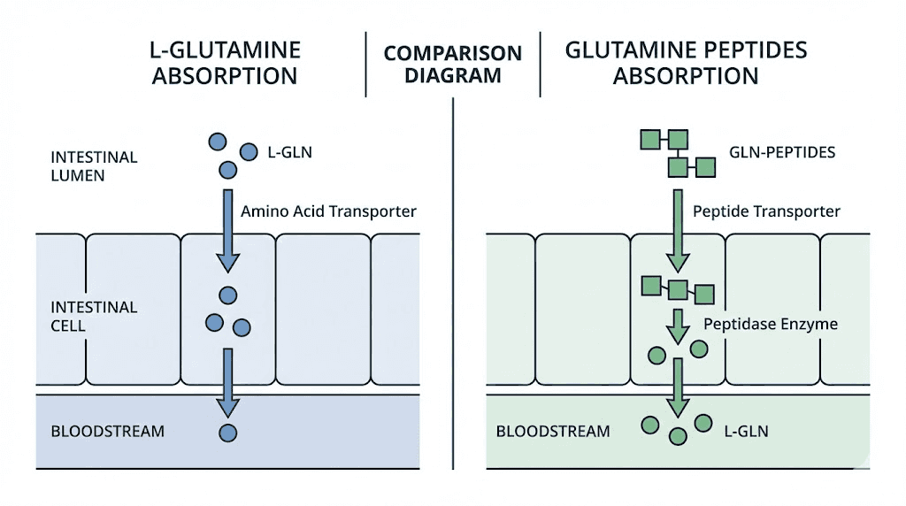 Glutamine peptides versus L-glutamine absorption comparison diagram