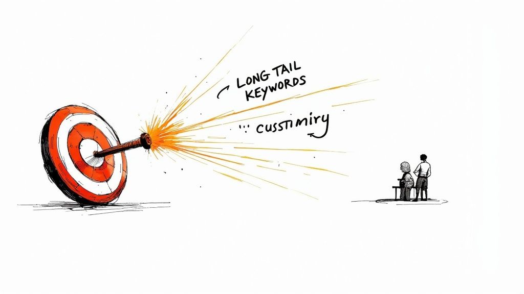 A person typing on a laptop with charts and graphs in the background, symbolizing keyword research and data analysis.