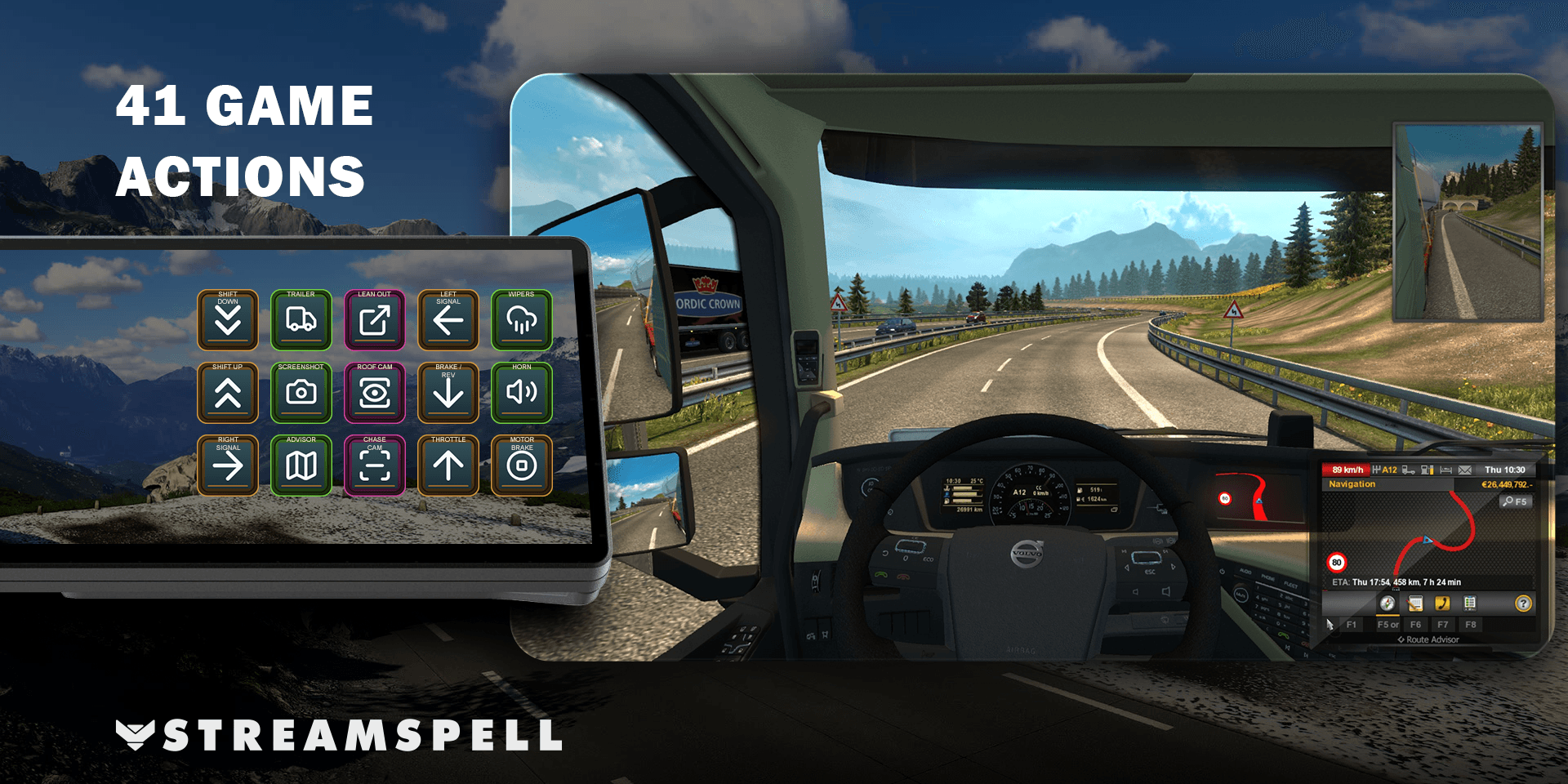 Euro Truck Simulator 2 gameplay beside the XENEON EDGE profile and selected touch controls