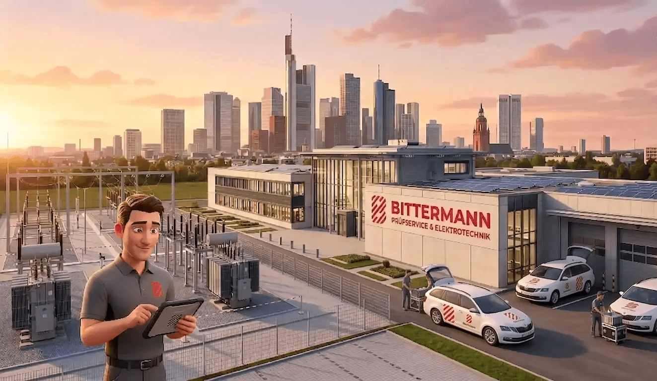Illustrierter Unternehmens-Campus der Bittermann Prüfservice & Elektrotechnik GmbH vor der Frankfurt Skyline im Sonnenuntergang. Zu sehen sind Firmengebäude mit Solaranlagen, ein Umspannwerk, Einsatzfahrzeuge und zwei stilisierte Techniker-Avatare.