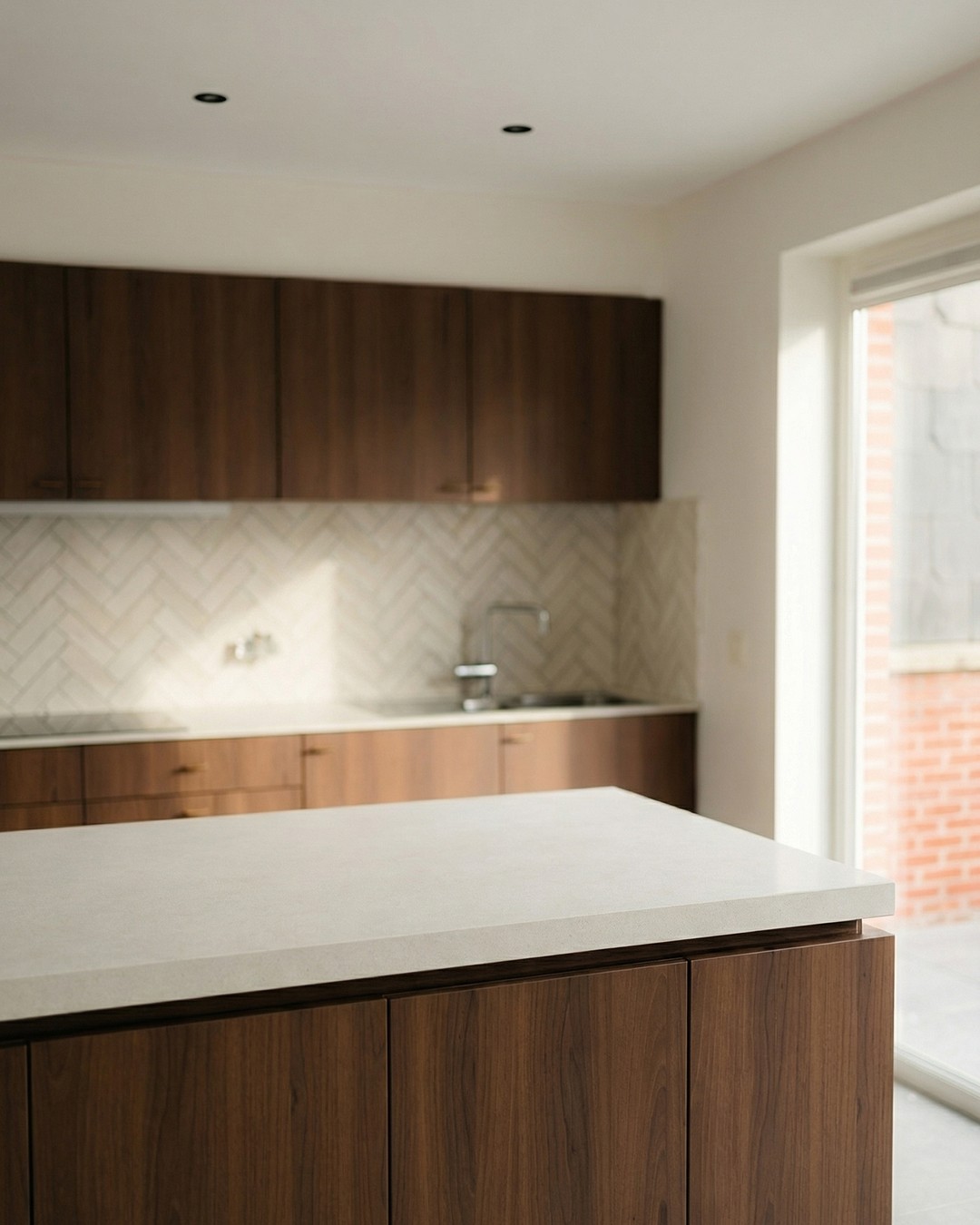 Voor en na keuken renovatie in Tessenderlo met Japandi stijl, nieuwe op maat gemaakte fronten in Dignus en werkblad in Litus met strak afgewerkt eiland