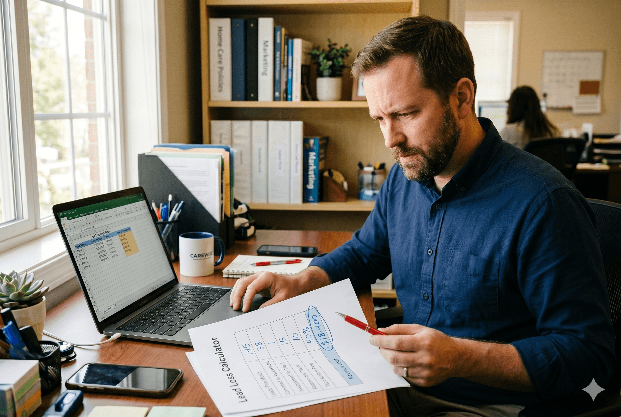 A man in his late thirties sits at a desk looking concerned while reviewing a "Lead Loss Calculator" worksheet next to an open laptop in a sunlit office.
