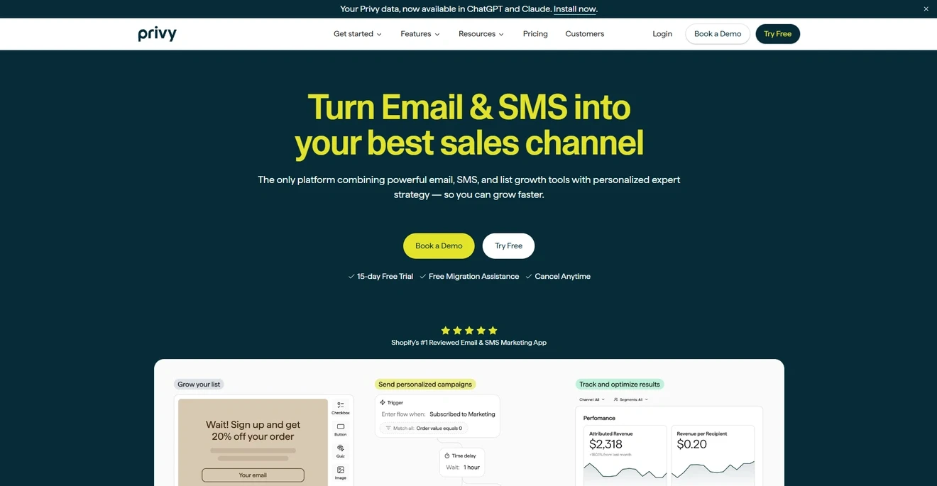 Privy ecommerce marketing homepage for email, SMS, and list growth
