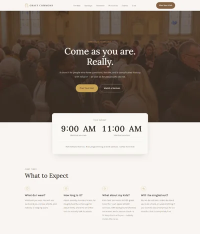 Church website template preview with service times and sermon list