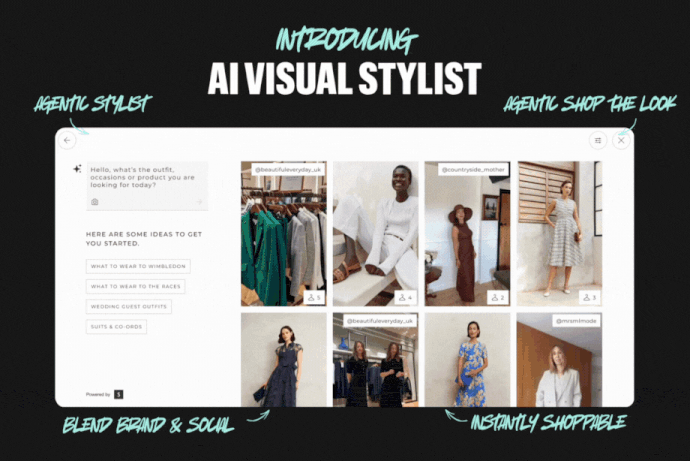 A website interface for an "AI VISUAL STYLIST" is shown. The screen displays various user-generated photos of people in different outfits. The interface looks like a conversational shopping Agent, with the option to ask a question on the left side and some visual results on the right. The text "BLEND BRAND & SOCIAL" and "INSTANTLY SHOPPABLE" and 'AGENTIC STYLIST' point to different parts of the interface.