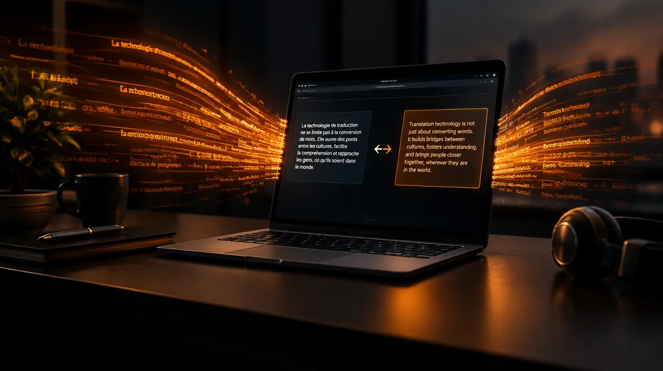 Laptop on a dark desk mid-translation with glowing orange text streams flowing across the screen