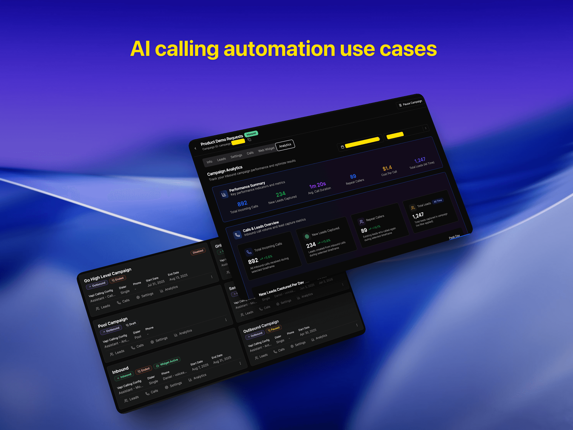 AI calling automation dashboard showing multiple campaign use cases including lead generation, demo requests, inbound/outbound calls, and performance metrics | VoiceAIWrapper