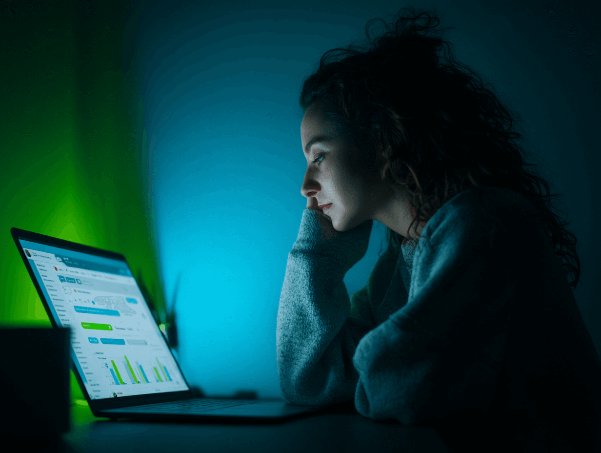 women looking sad seeing metrics on her laptop