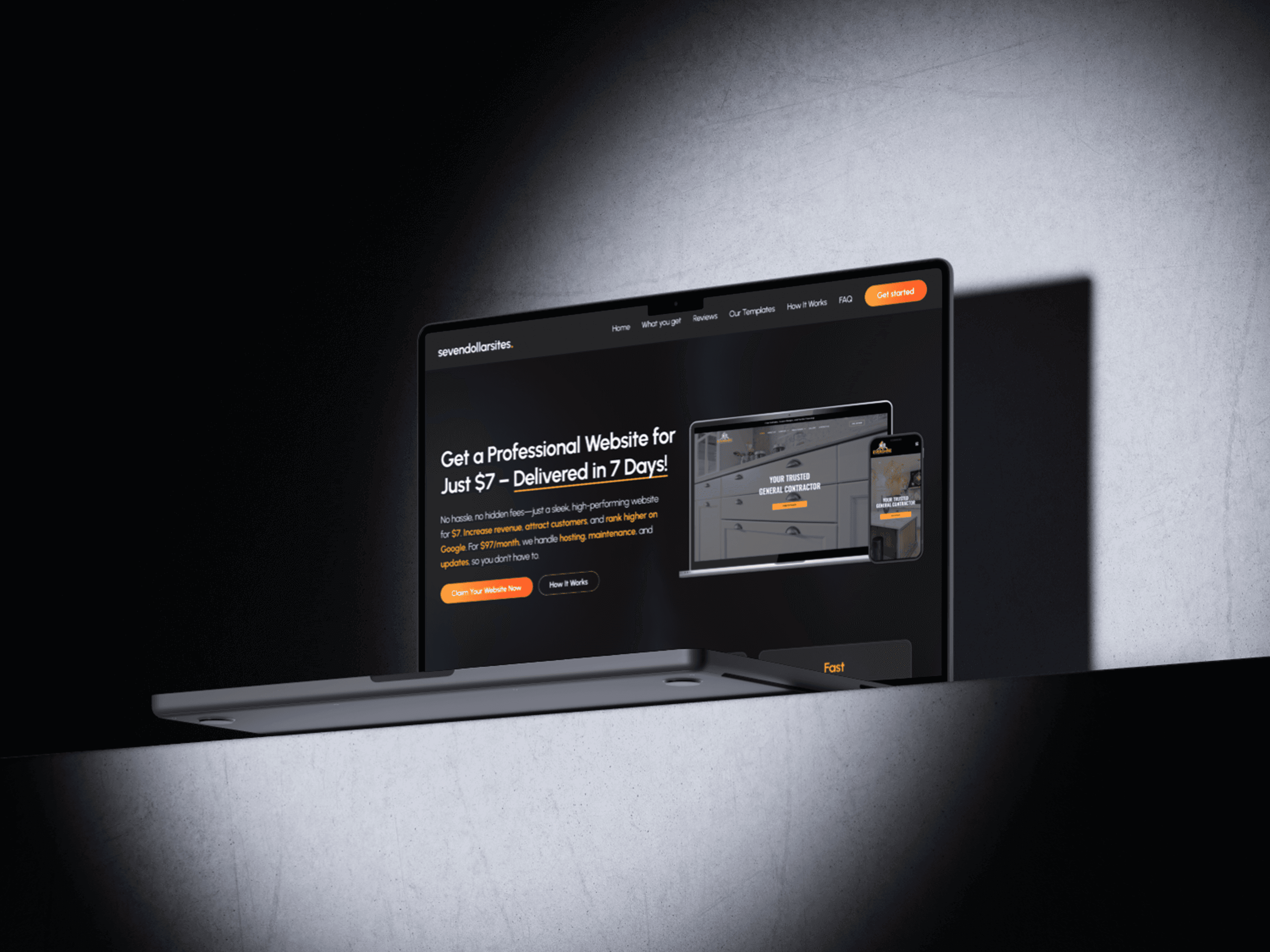 Abstract blue wall with white and green striped shelves.