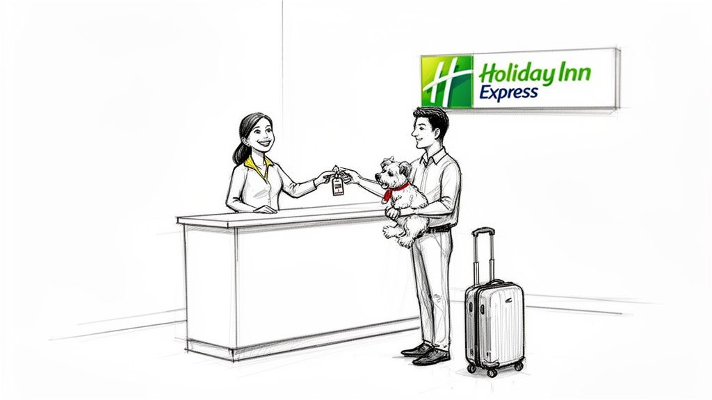 Smiling Holiday Inn Express staff checking in a happy guest holding a dog, with luggage.