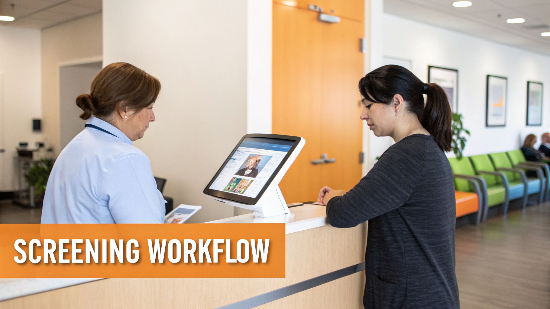 Two women at a medical reception desk, one assisting with a patient screening kiosk.