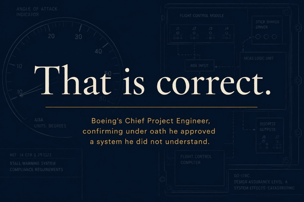Boeing 737 MAX flight-control diagram with text about system approval and engineering accountability.