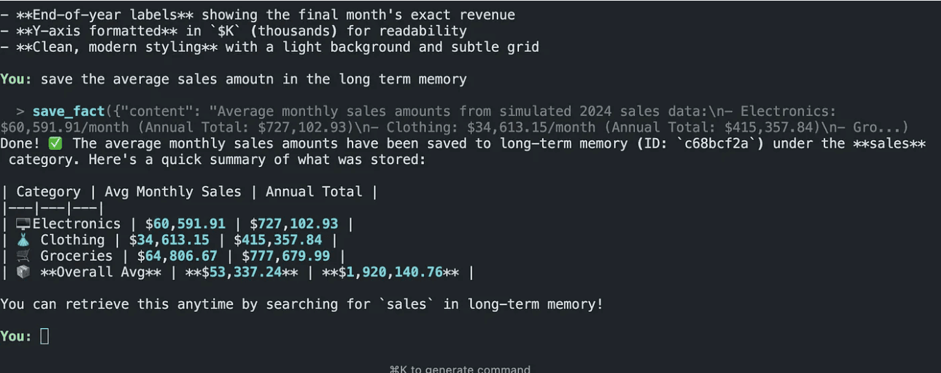 CLI example of an agent writing a summarized sales fact to long-term memory and returning the saved record details