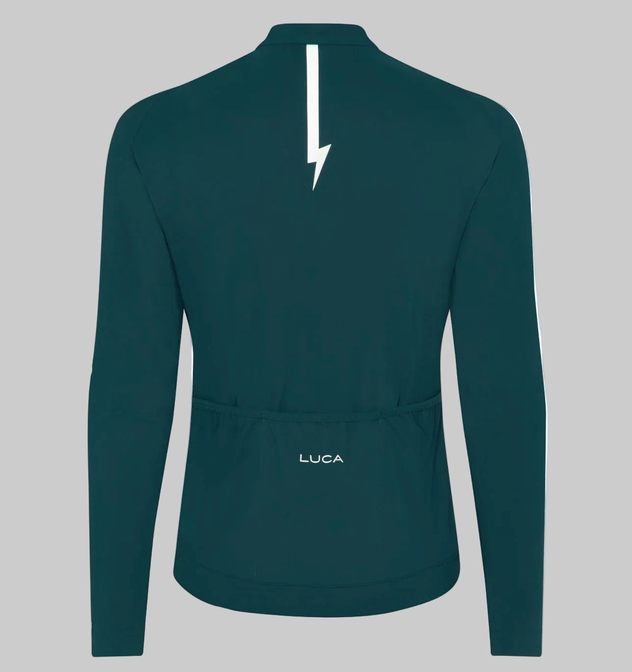 Back-view-of-a-teal-long-sleeve- cycling-jersey-with-a-reflective-white-lightning-bolt-strip-and-the- LUCA-logo-above-the-rear-pockets
