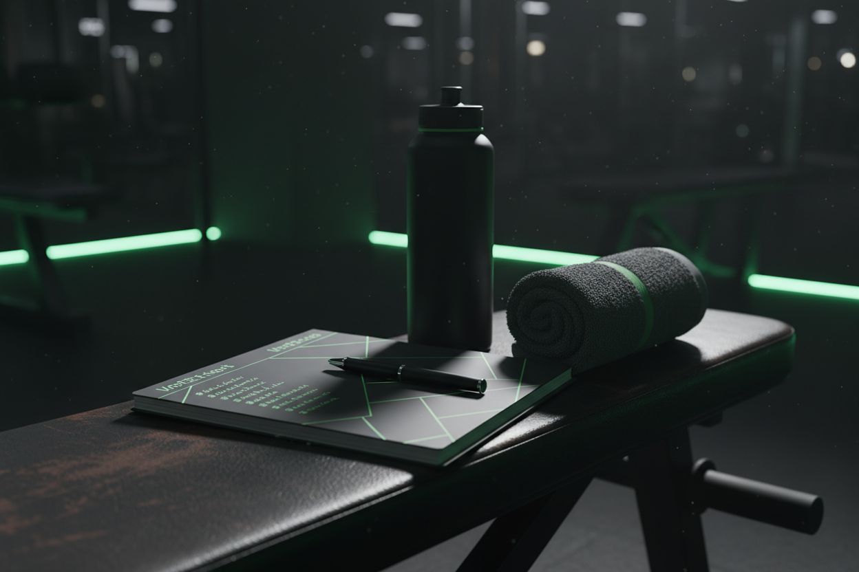 Cuaderno de entrenamiento con un bolígrafo, una toalla y una botella de agua