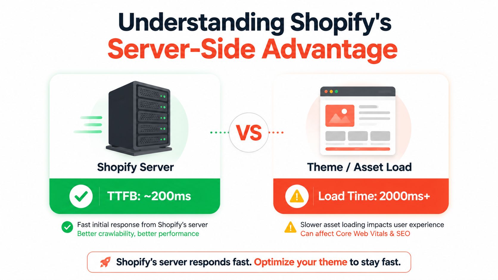 A comparison graphic showing Shopify server performance with fast TTFB versus slow theme asset loading times.