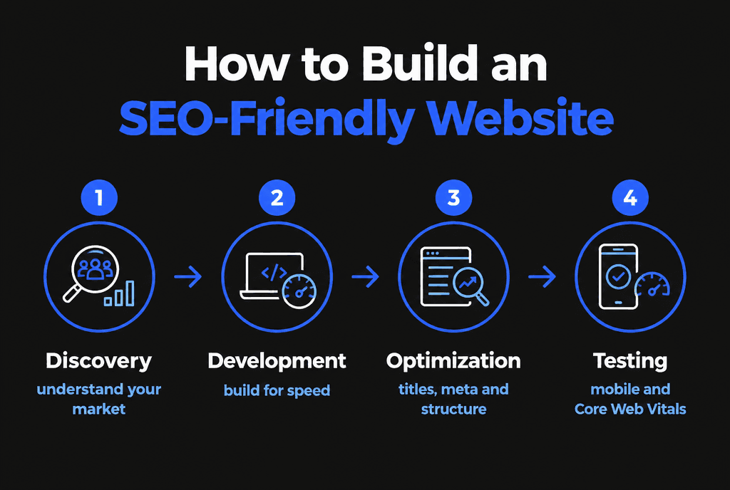 Infographic of how Savoir Management builds SEO-friendly websites: technical foundation, on-page optimization, speed and internal linking