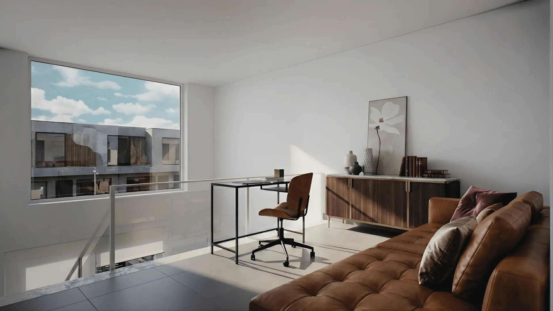 a living room filled with furniture and a large window