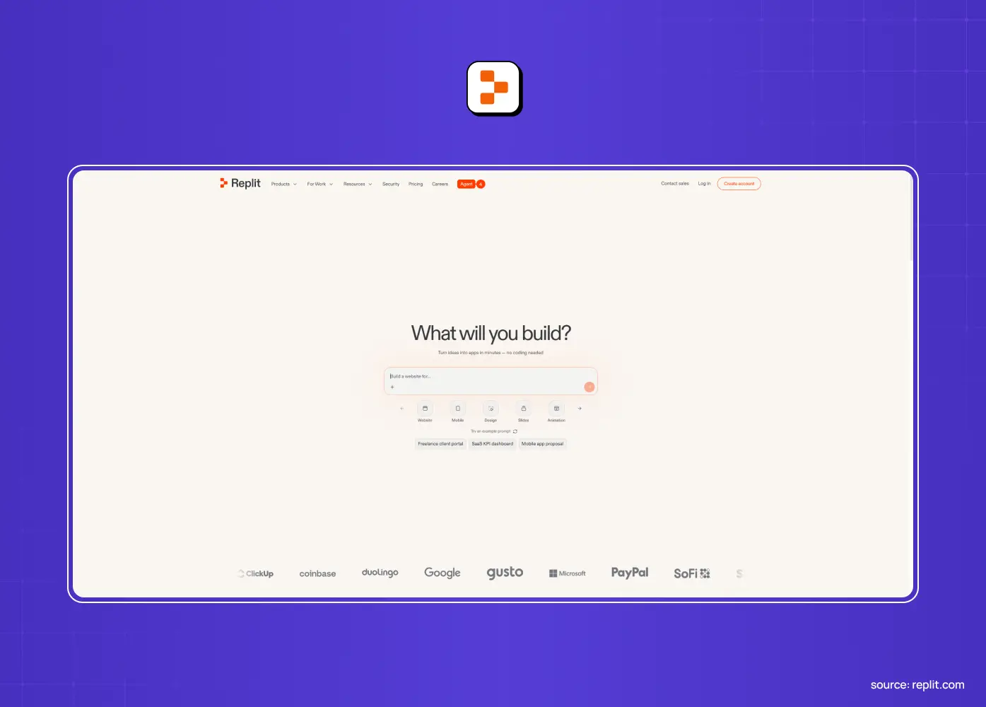 Homepage of Replit featuring an AI coding workspace where users can build applications directly from prompts.