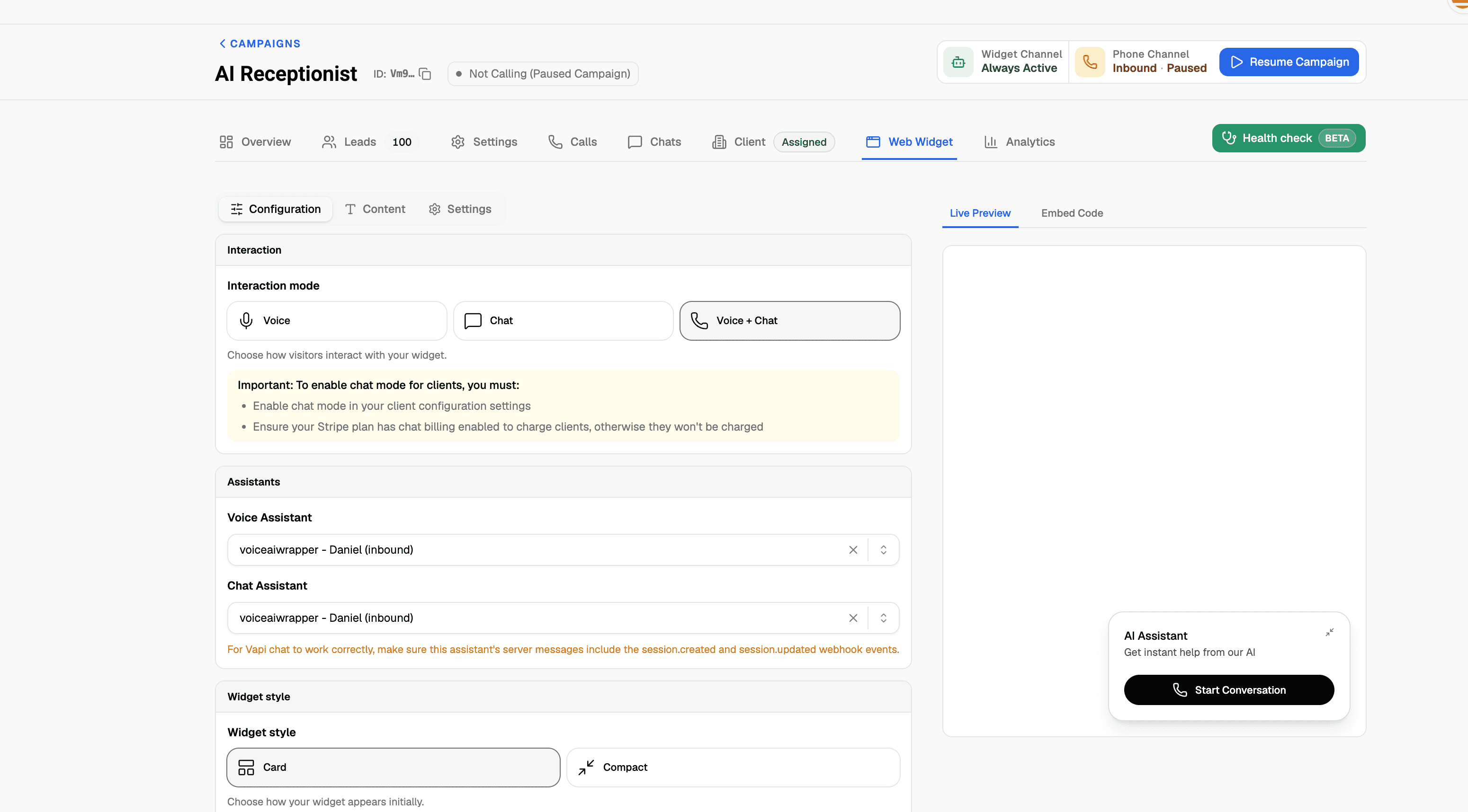VoiceAIWrapper Web Widget configuration for an AI Receptionist campaign, showing Voice, Chat and Voice + Chat modes, assistant selection, widget style controls and the visitor-facing live preview used before embedding the chatbot on a client website.