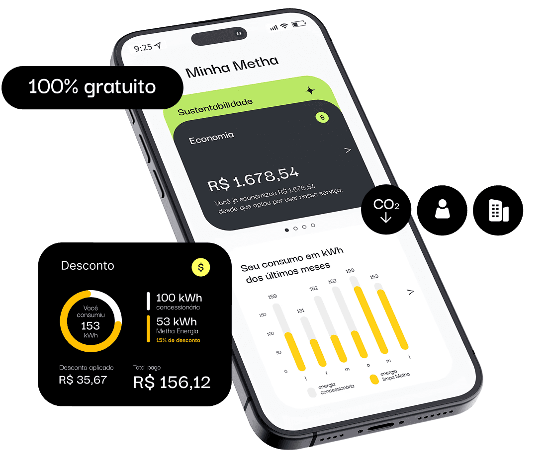 Celular exibindo a área do cliente Metha Energia