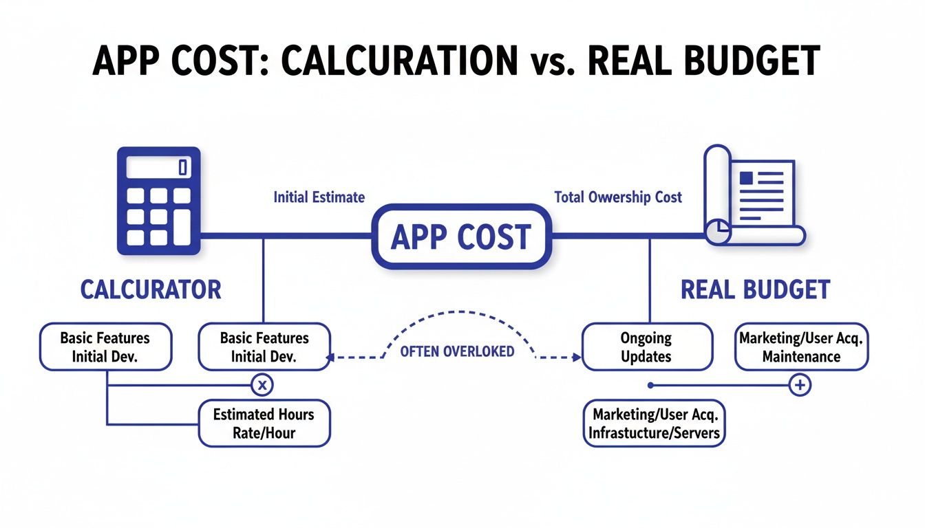 Infographic comparing app cost calculation (initial estimate) with the real budget (total ownership cost), including often overlooked expenses.