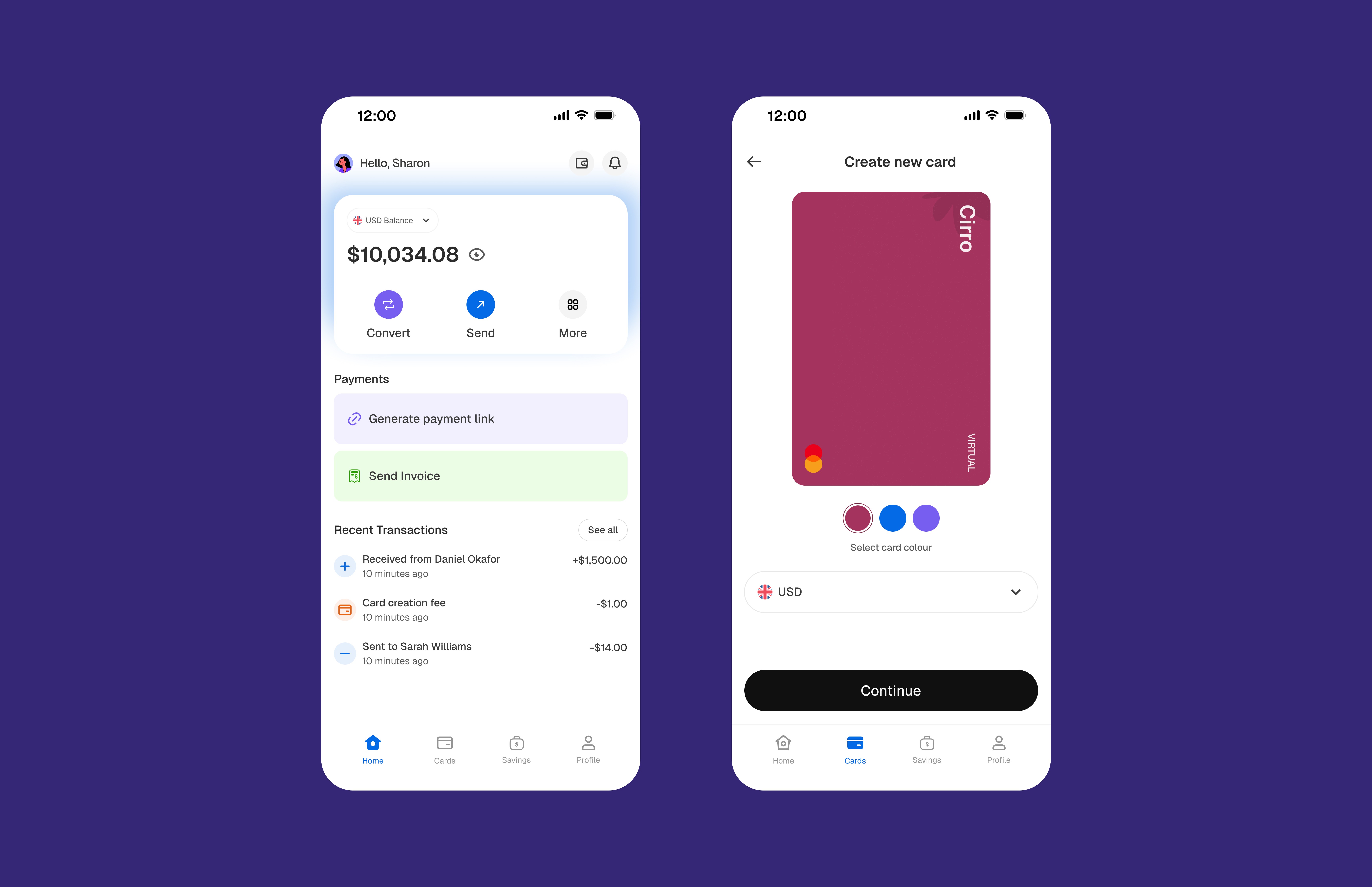 Cirro app interface showcasing modern mobile payment and virtual card designs.