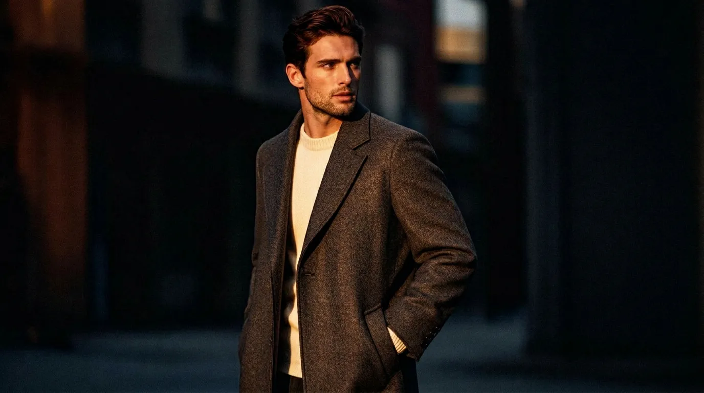 Stylish man wearing a modern wool coat standing outdoors in dramatic evening city lighting