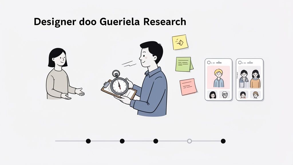 An illustration depicting UX guerrilla research with a researcher, a user, sticky notes, and mobile app screens.