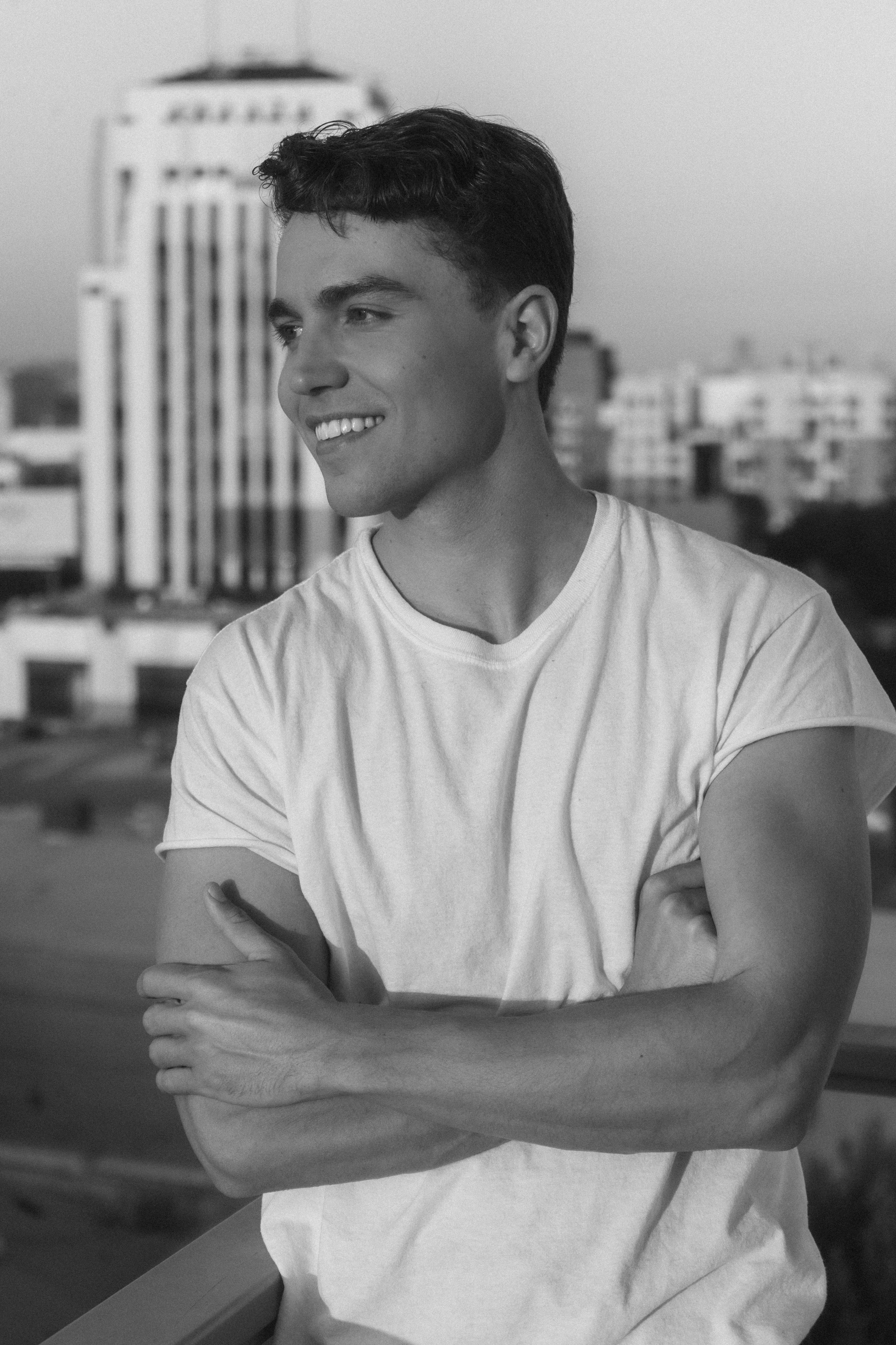 Black-and-white portrait of Christian Singleton, Los Angeles producer, director, and actor
