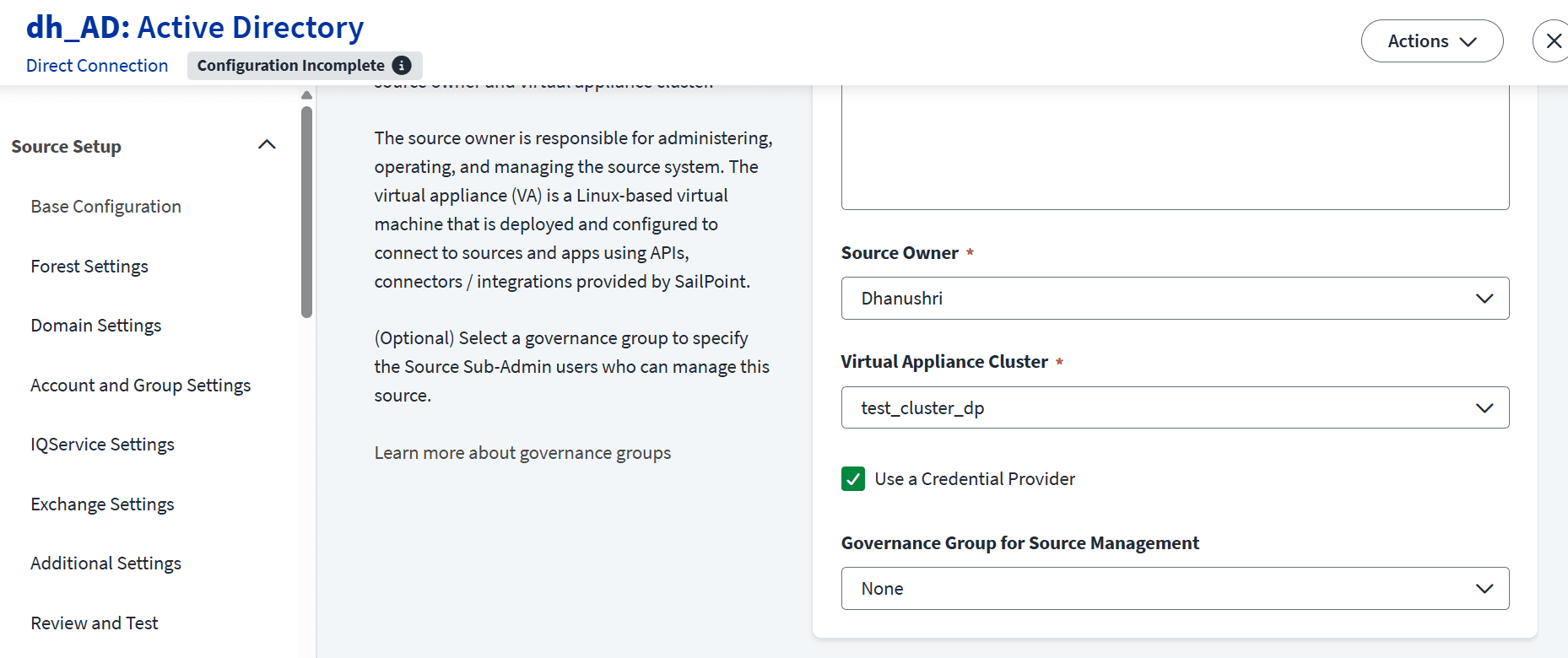 Active Directory source configuration with the credential provider enabled.