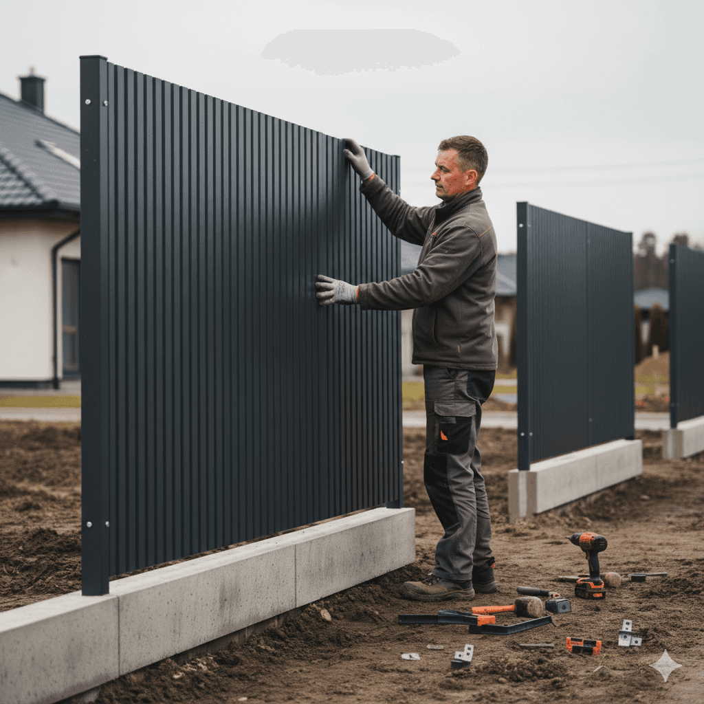 Statybininkas dirbantis prie rombo tipo tvoros su pamatėliu - AM Statybų Grupė