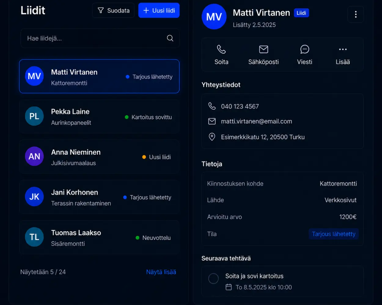 Visioutin CRM- ja asiakashallintanäkymä, jossa hallitaan liidejä, asiakastietoja, tehtäviä, yhteystietoja ja asiakashistoriaa yhdessä paikassa.